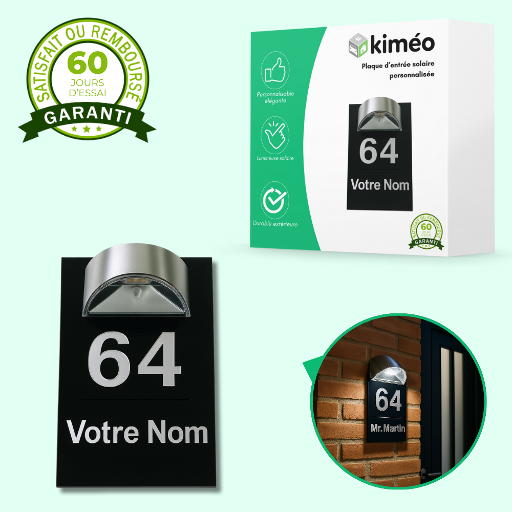 Plaque d’entrée solaire personnalisable noire avec écriture argentée – Lumineuse et résistante extérieur