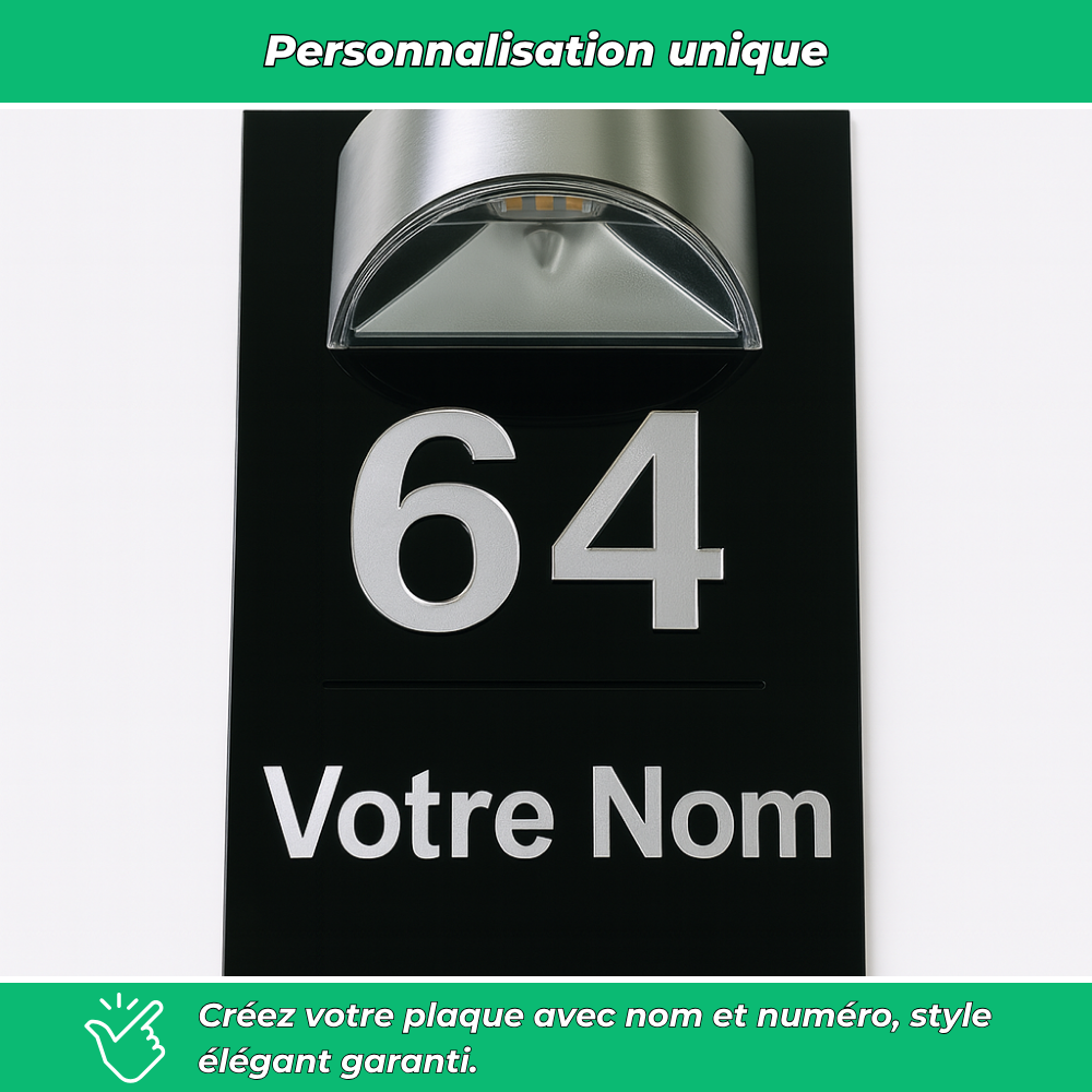 Plaque d’entrée solaire personnalisable noire avec écriture argentée – Lumineuse et résistante extérieur
