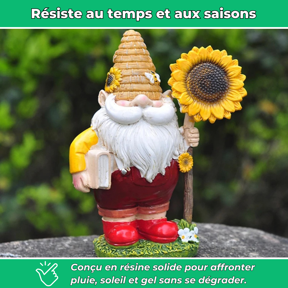 Nain de jardin avec livre et tournesol en résine