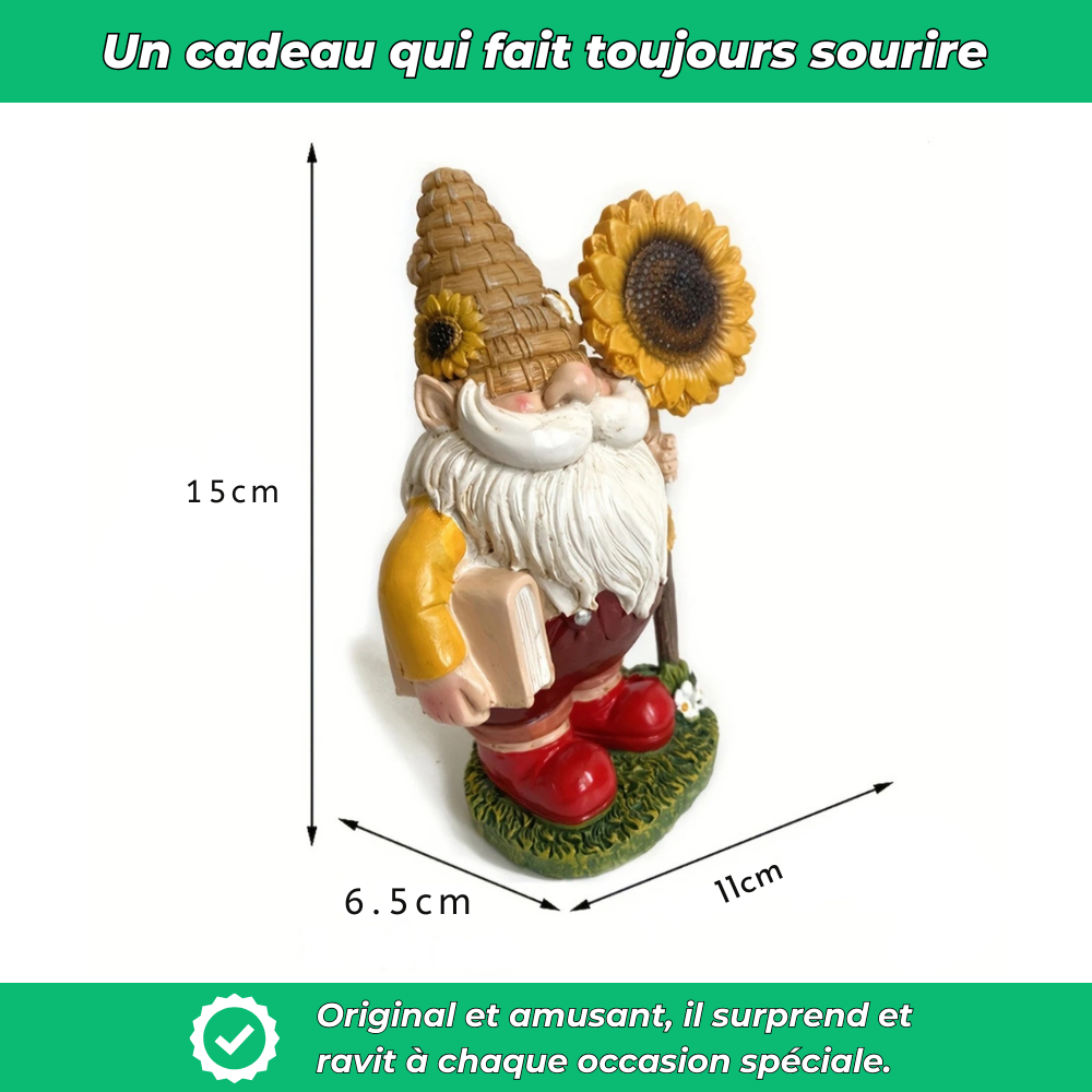 Nain de jardin avec livre et tournesol en résine