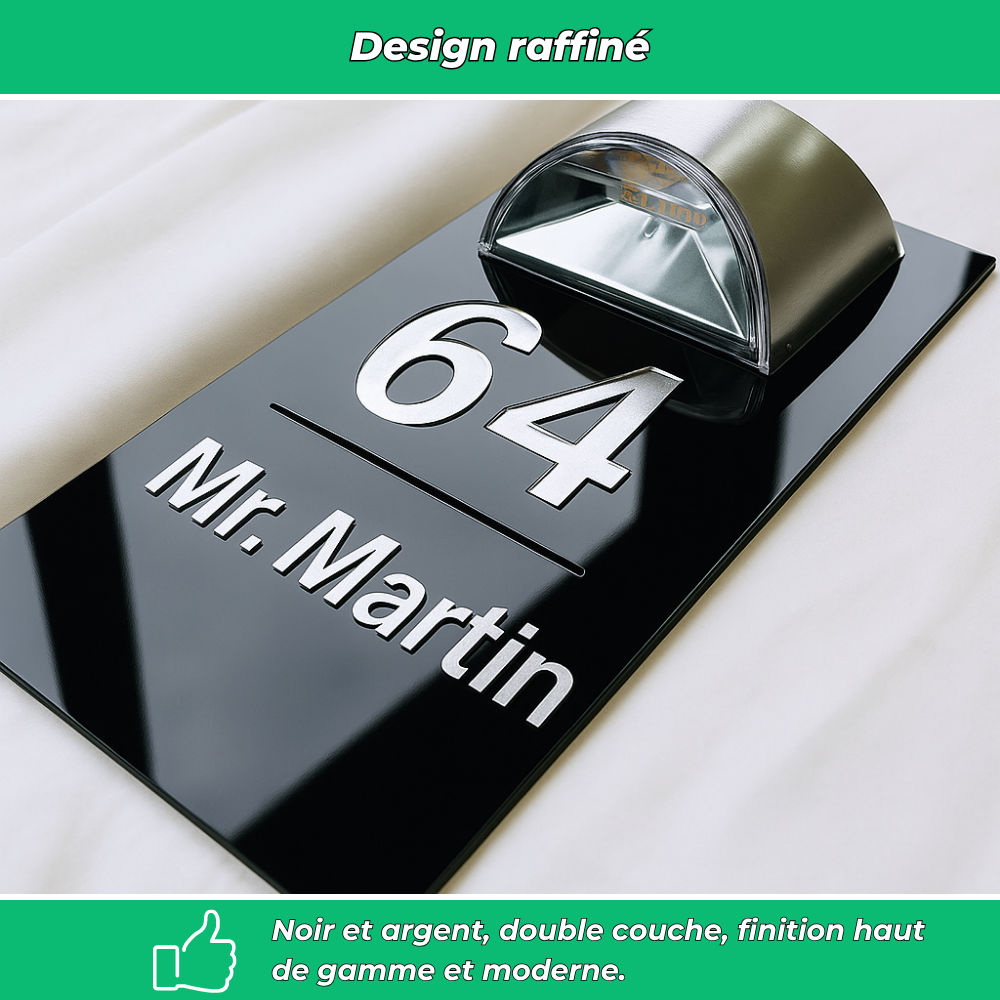 Plaque d’entrée solaire personnalisable noire avec écriture argentée – Lumineuse et résistante extérieur