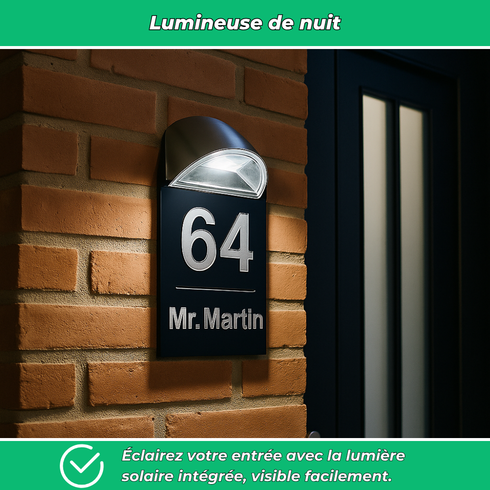 Plaque d’entrée solaire personnalisable noire avec écriture argentée – Lumineuse et résistante extérieur