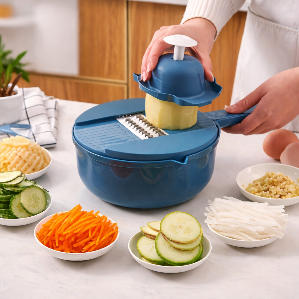 Hachoir Multifonction 12-en-1 Manuel – Coupe-Légumes, Râpe et Trancheur avec Bol