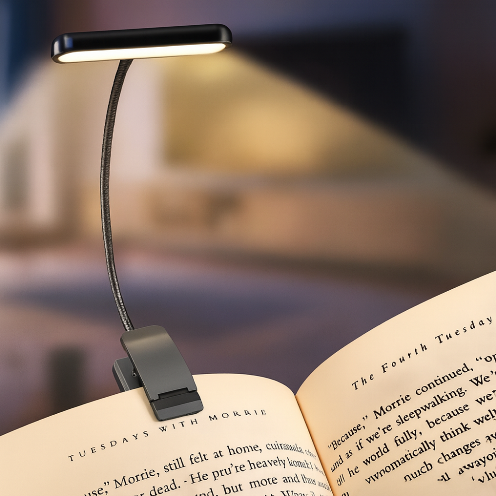 Lampe de lecture à clip rechargeable USB avec lumière douce et fonction mémoire