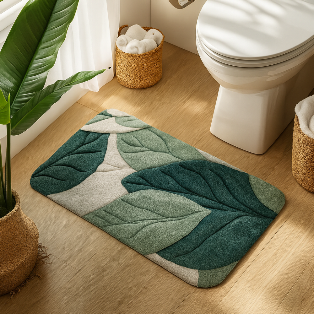 Tapis salle de bain feuille verte – Antidérapant et lavable