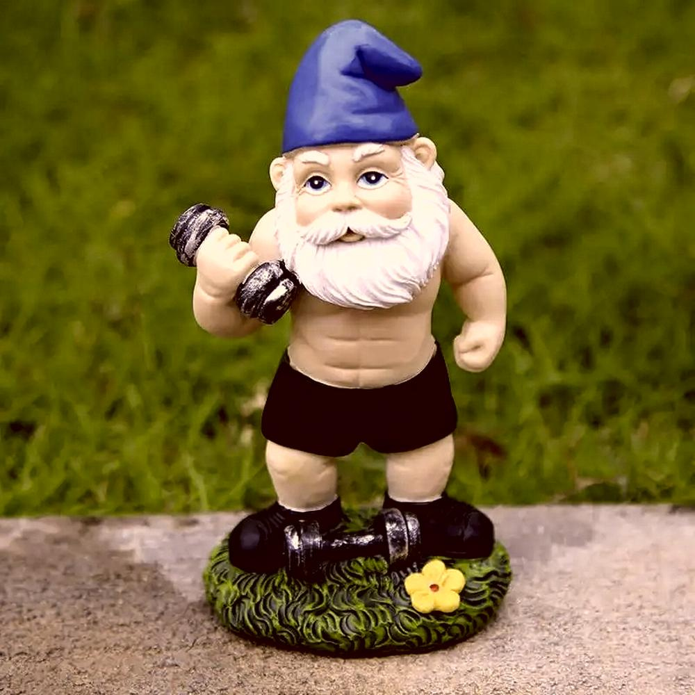 Nain de jardin sportif en résine avec haltères