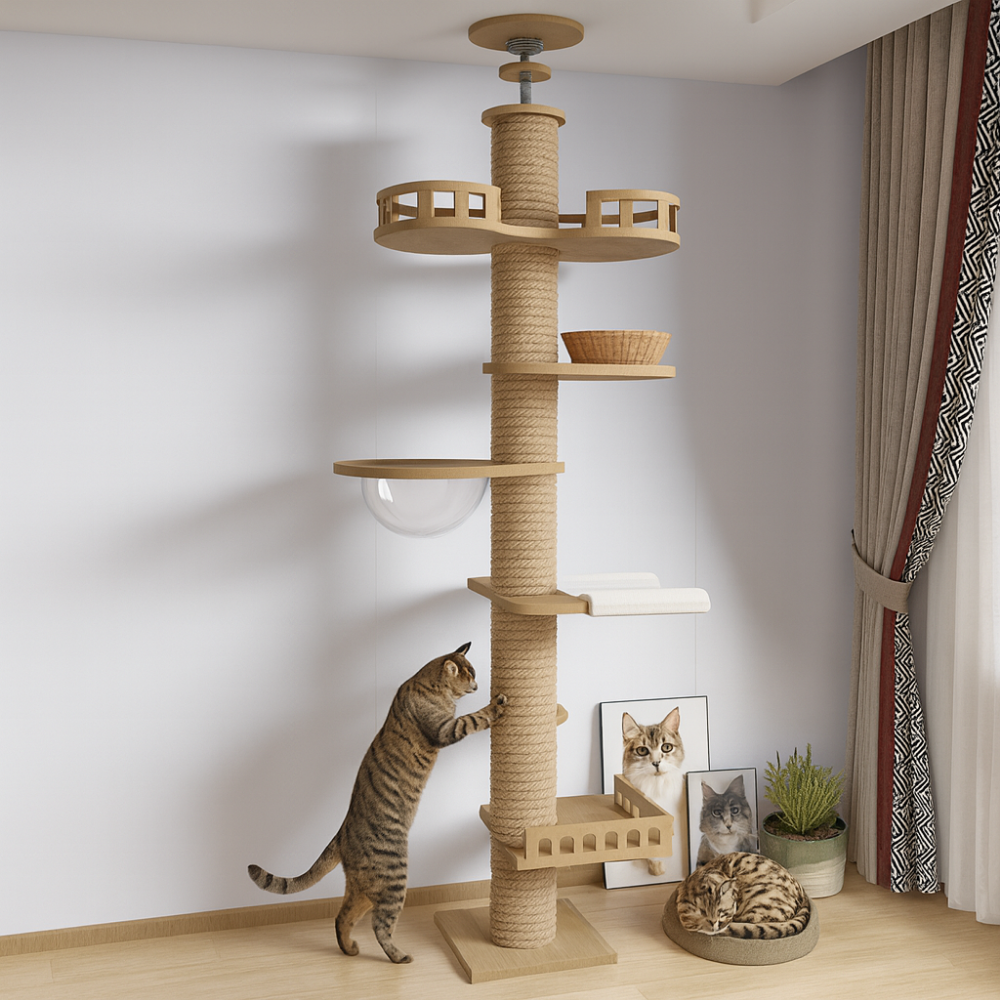 Arbre à chat plafond réglable avec hamac et griffoirs – Condo multi-niveaux pour chat