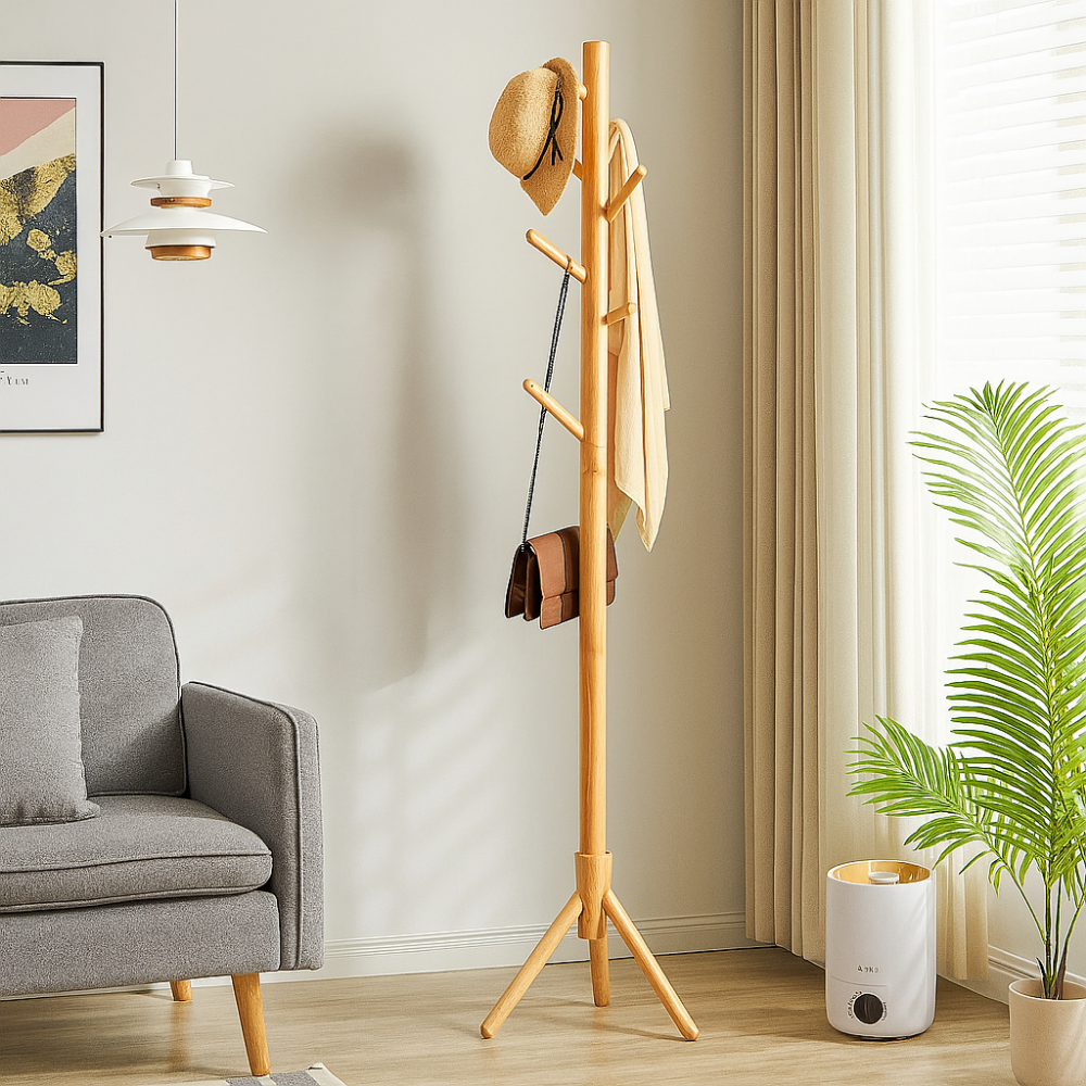 Porte-manteau autoportant en bois massif – 8 crochets réglables pour manteaux, sacs et chapeaux