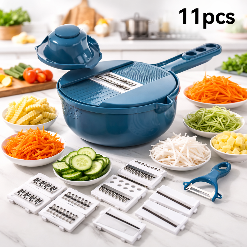 Hachoir Multifonction 12-en-1 Manuel – Coupe-Légumes, Râpe et Trancheur avec Bol