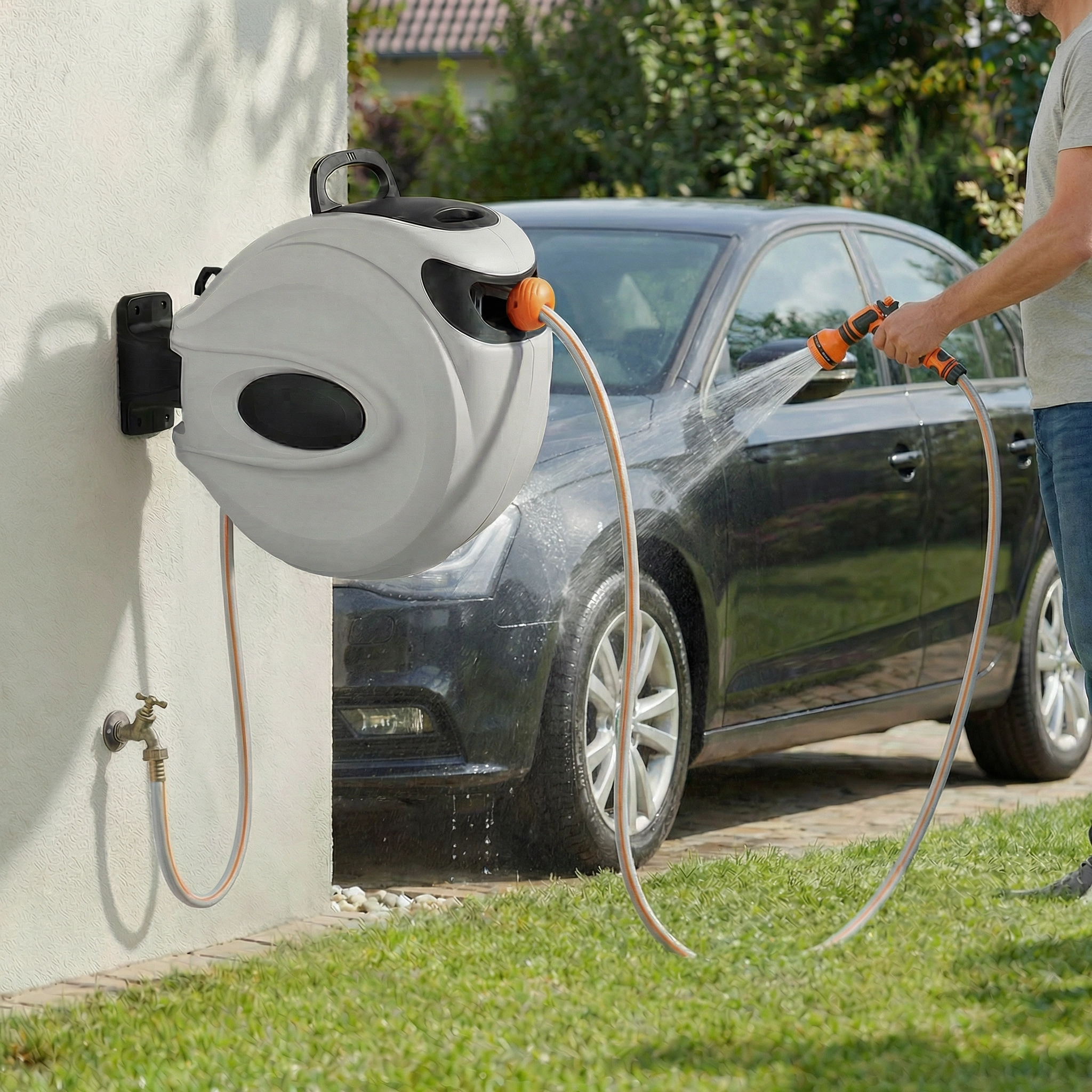 Enrouleur Tuyau Arrosage Automatique 20/35m – Dévidoir tuyau d’arrosage mural rétractable pivotant jardin