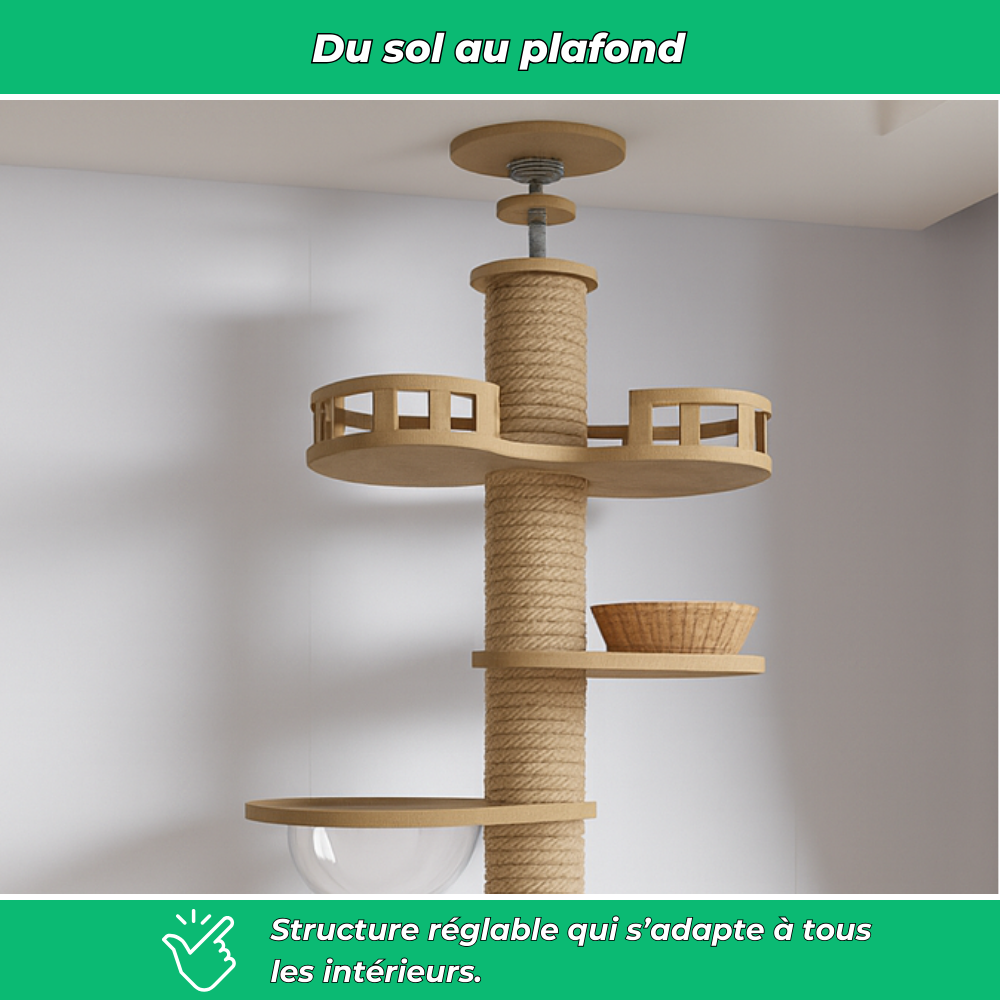 Arbre à chat plafond réglable avec hamac et griffoirs – Condo multi-niveaux pour chat