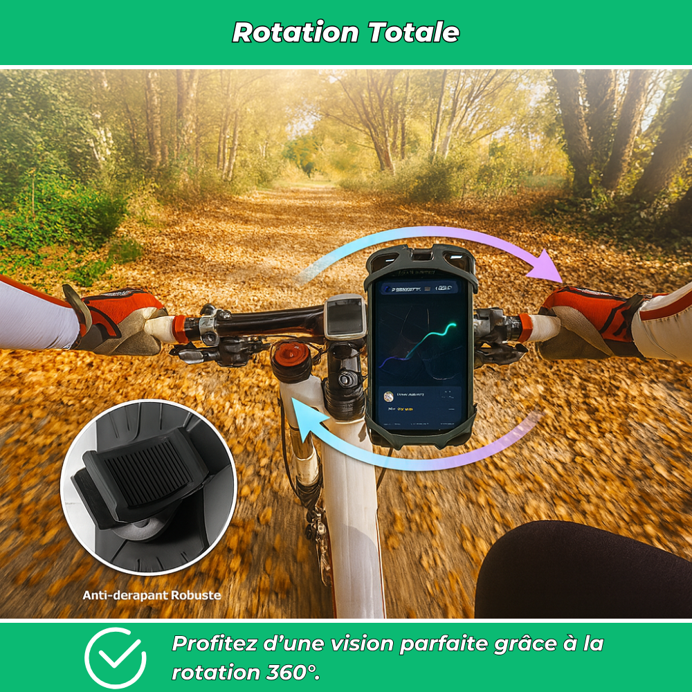 Support téléphone vélo silicone 360° – Porte-smartphone universel rotatif pour guidon de vélo