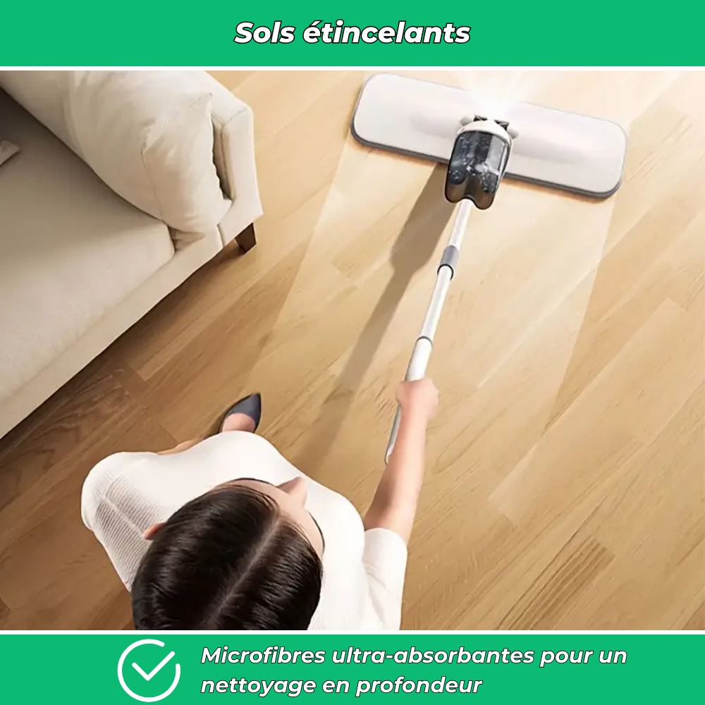 Serpillière à pulvérisation microfibres avec manche inox pour sols secs et humides