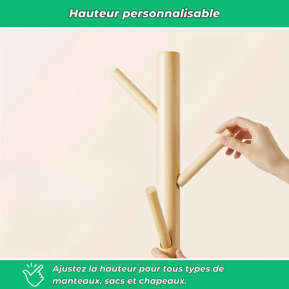 Porte-manteau autoportant en bois massif – 8 crochets réglables pour manteaux, sacs et chapeaux