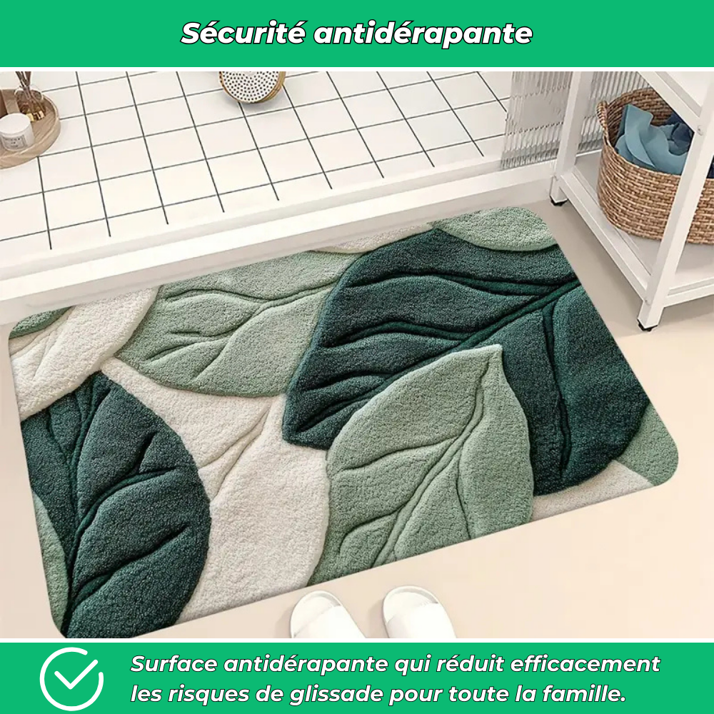 Tapis salle de bain feuille verte – Antidérapant et lavable