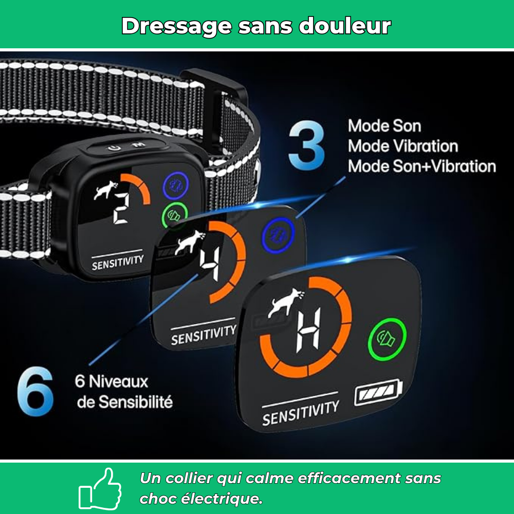 Collier anti-aboiement pour chiens – Intelligent, vibration et son, rechargeable, étanche IP67