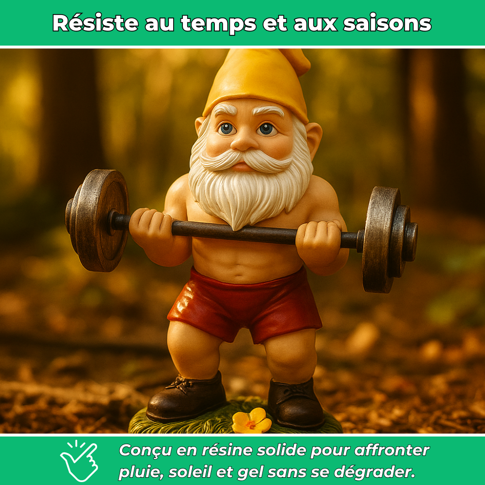 Nain de jardin avec barre de musculation en résine