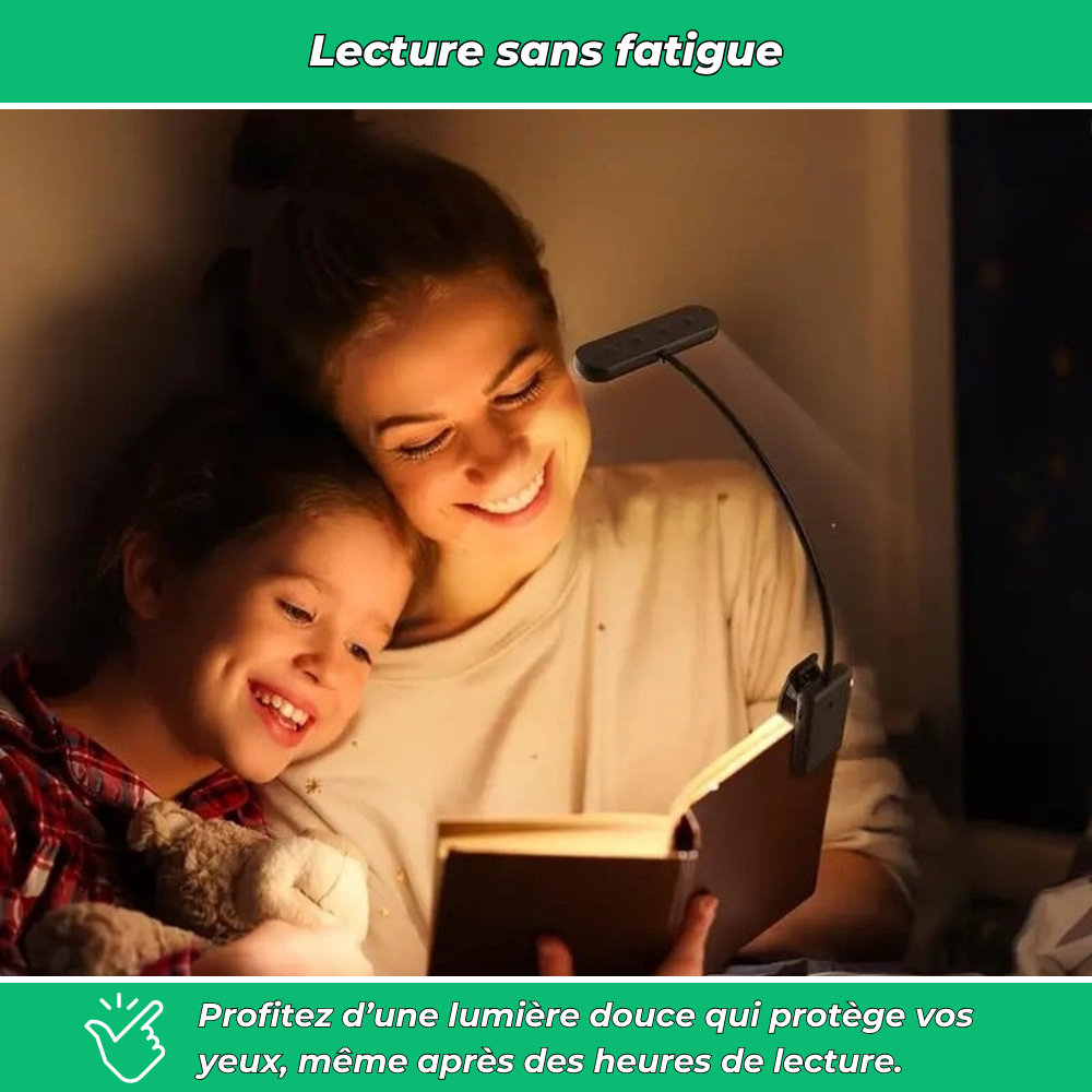 Lampe de lecture à clip rechargeable USB avec lumière douce et fonction mémoire