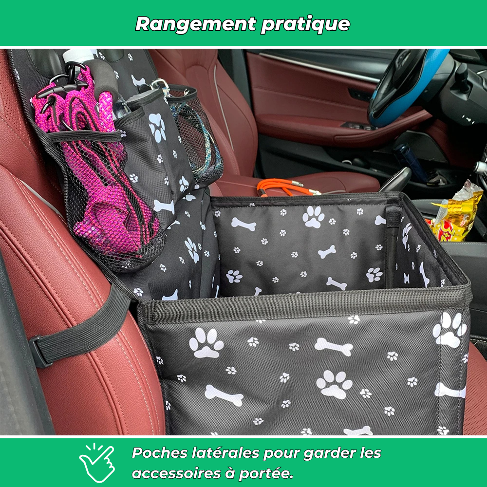 Panier de voiture pour chien – Siège avant avec tapis anti-rayures, poches latérales et housse de ceinture de sécurité