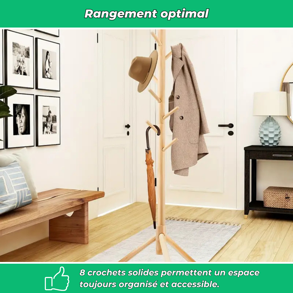 Porte-manteau autoportant en bois massif – 8 crochets réglables pour manteaux, sacs et chapeaux