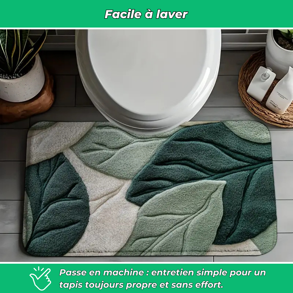 Tapis salle de bain feuille verte – Antidérapant et lavable