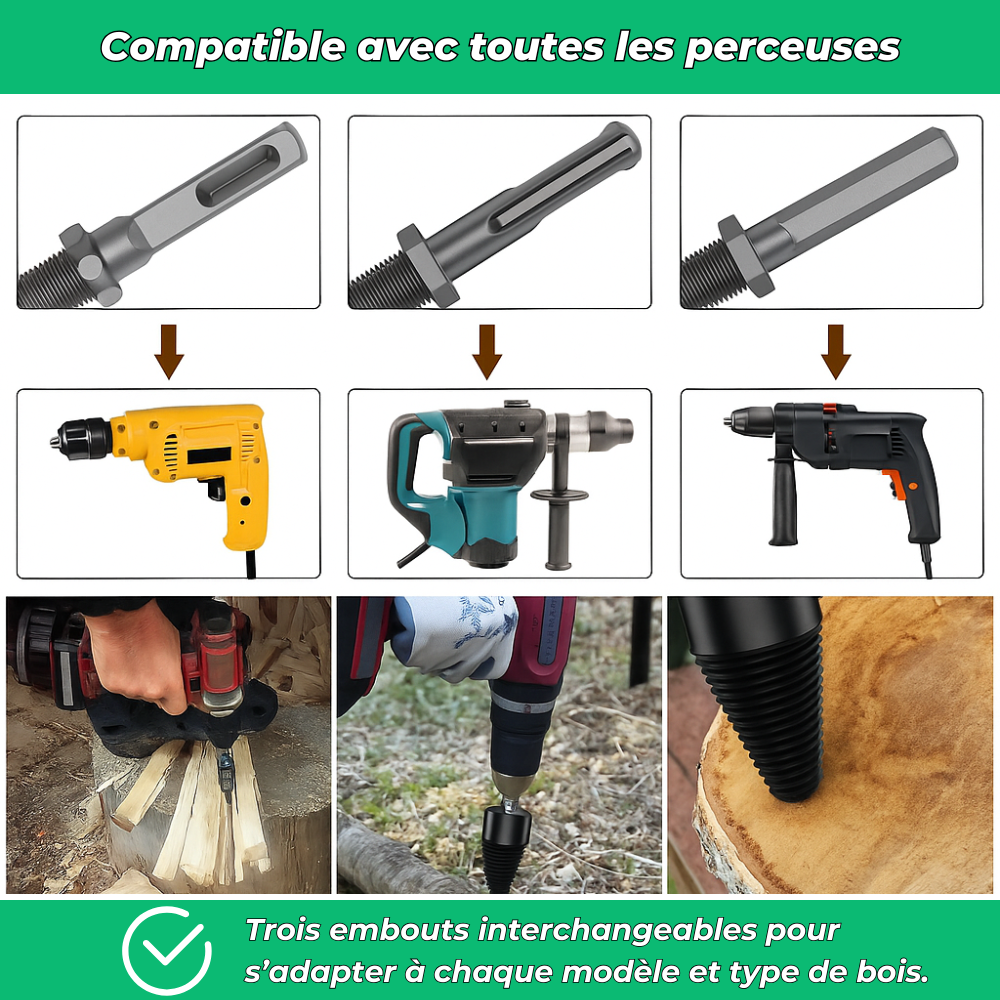 Foret fendeur de bois et de bûches pour visseuse perceuse | Cône fendeur en titane