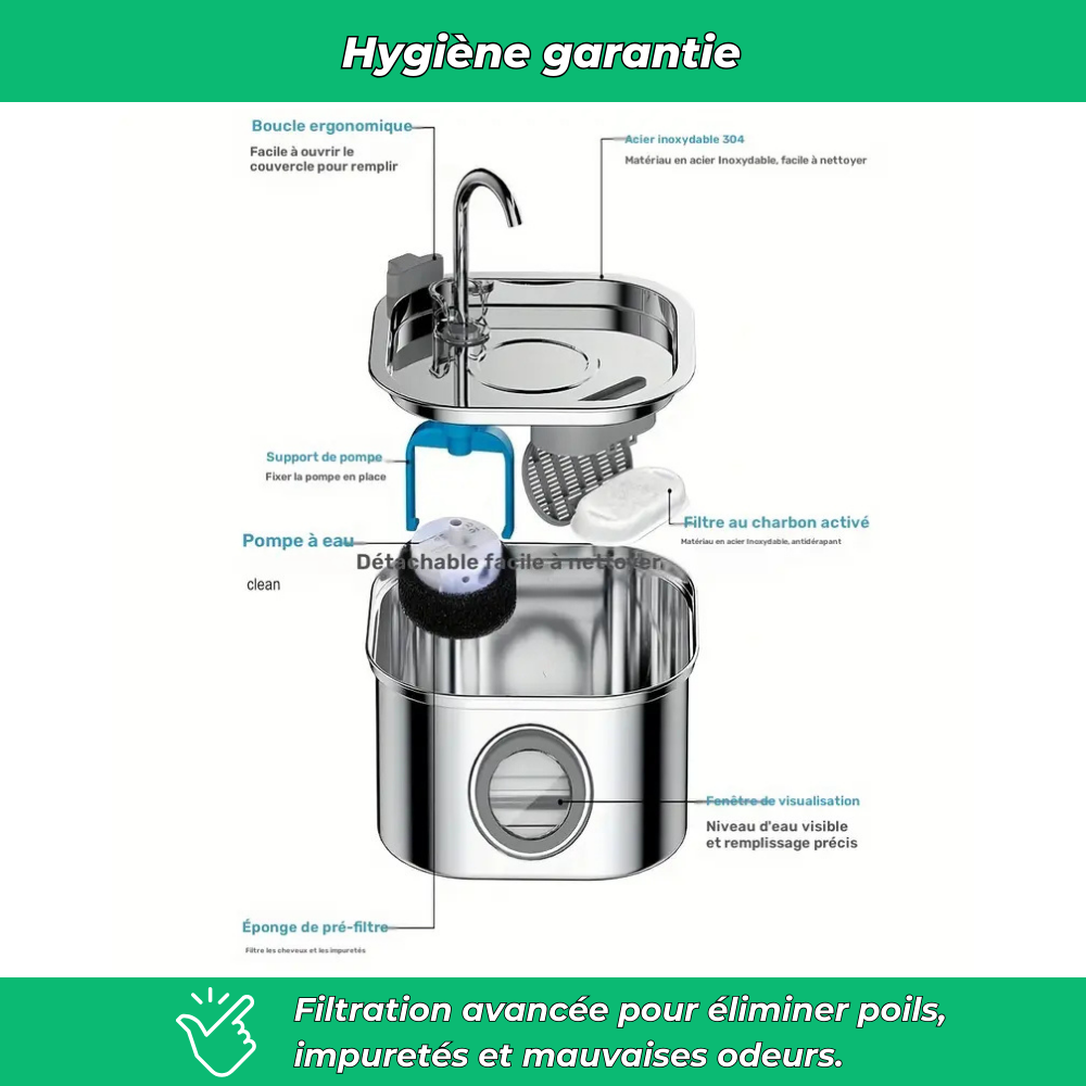 Fontaine à eau en inox 3,2L pour chat – Silencieuse et avec filtre intégré