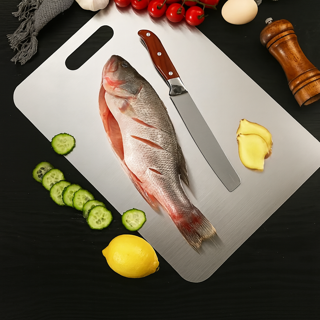 Planche à découper en acier inoxydable double-face – Durable et hygiénique pour fruits, légumes et viandes