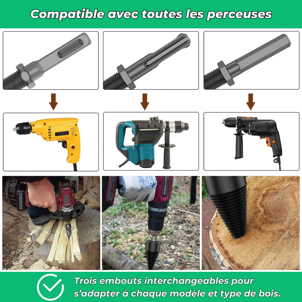 Foret fendeur de bois et de bûches pour visseuse perceuse | Cône fendeur en titane