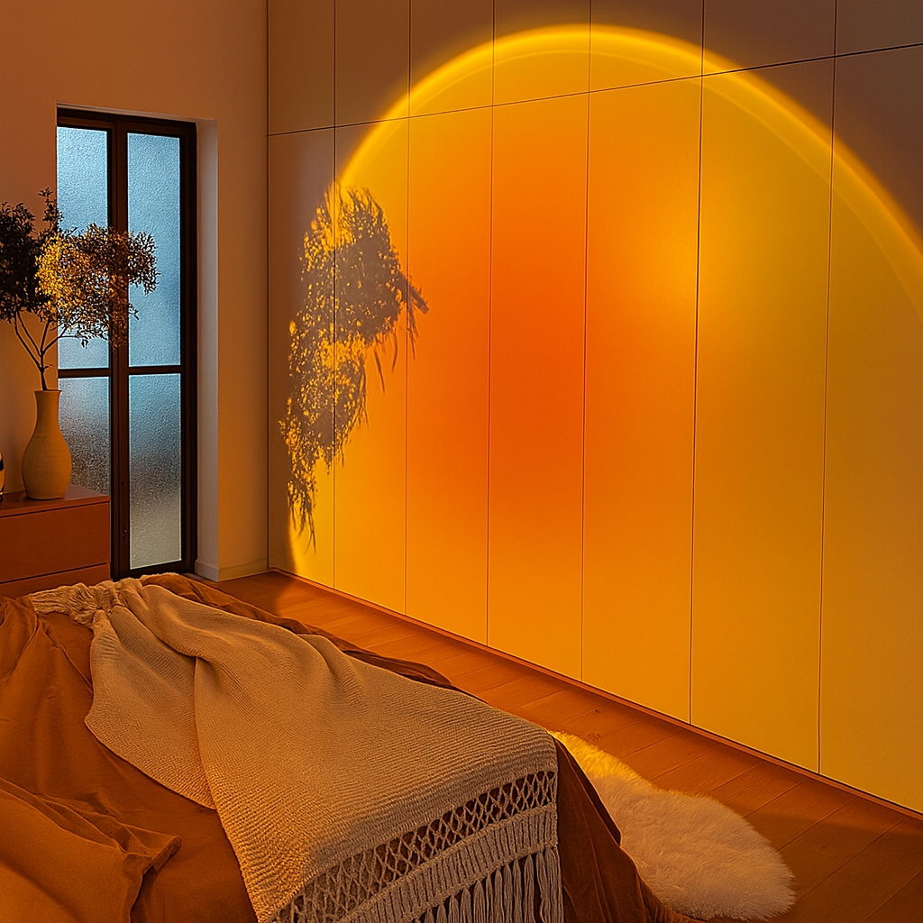 Lampe de projection LED effet coucher de soleil rotative USB – Lumière décorative et romantique pour chambre ou salon