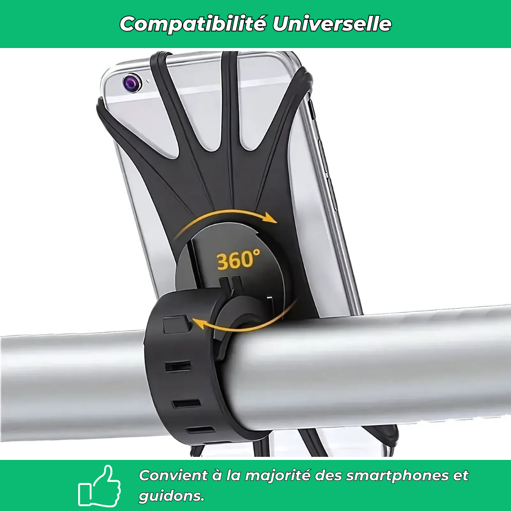 Support téléphone vélo silicone 360° – Porte-smartphone universel rotatif pour guidon de vélo