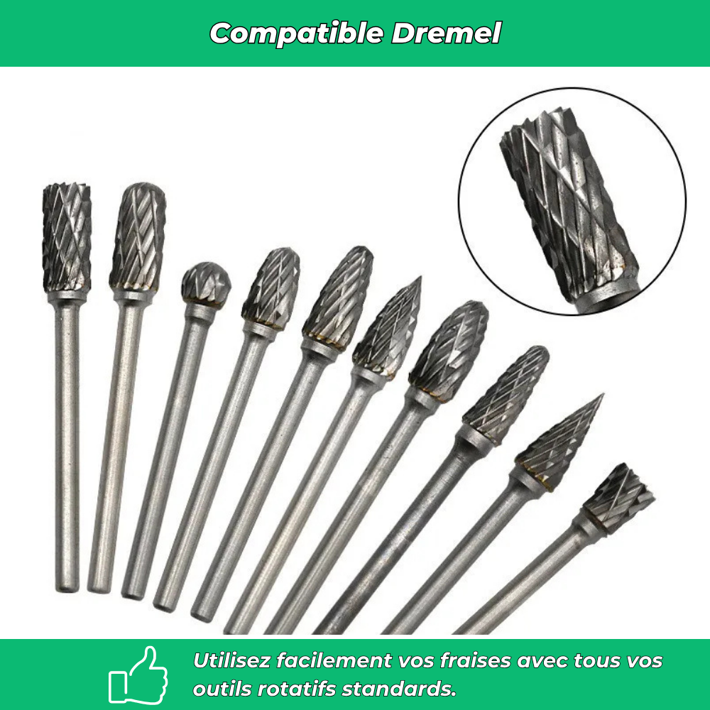 Fraises carbure tungstène Dremel – 10 pcs Meulage Bois Métal Pierre Bijoux