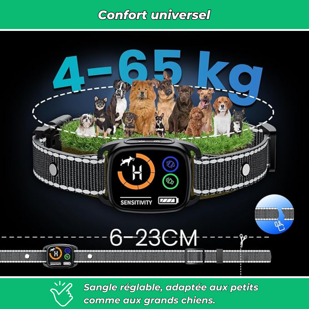 Collier anti-aboiement pour chiens – Intelligent, vibration et son, rechargeable, étanche IP67