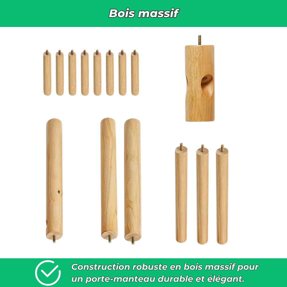 Porte-manteau autoportant en bois massif – 8 crochets réglables pour manteaux, sacs et chapeaux