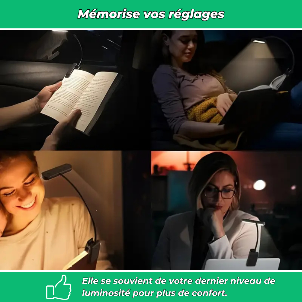 Lampe de lecture à clip rechargeable USB avec lumière douce et fonction mémoire
