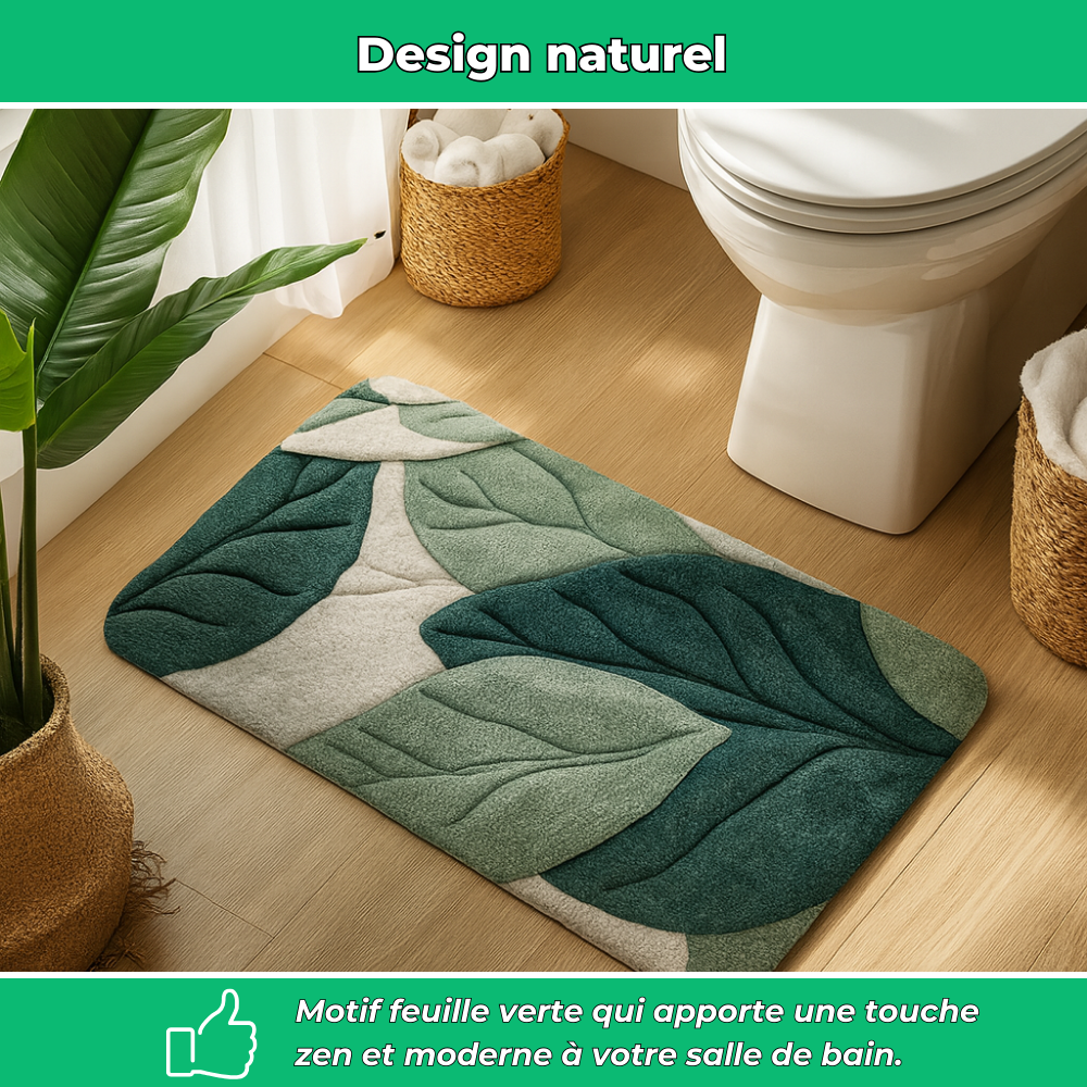 Tapis salle de bain feuille verte – Antidérapant et lavable