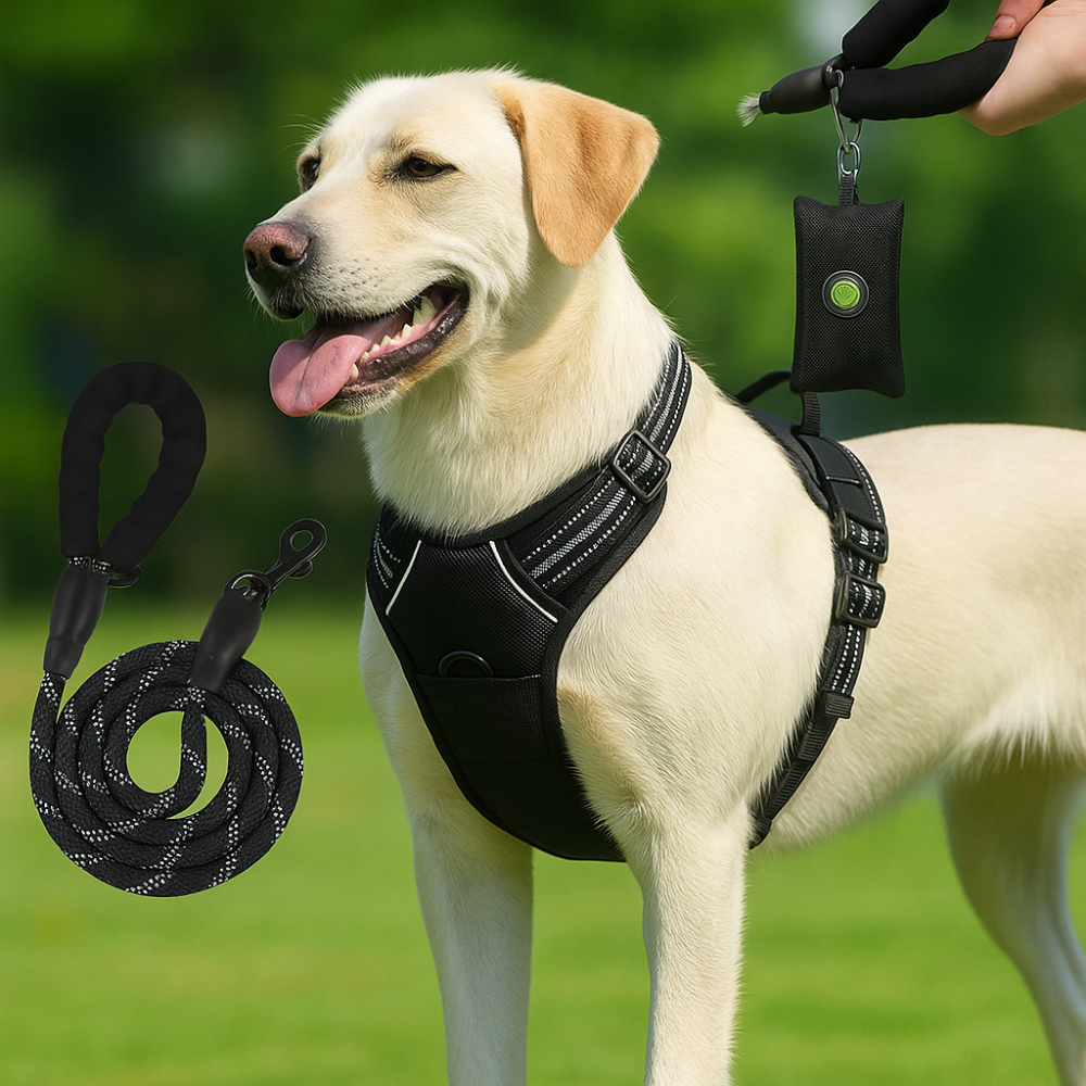 Harnais anti-évasion chien + laisse et distributeur – réglable et réfléchissant