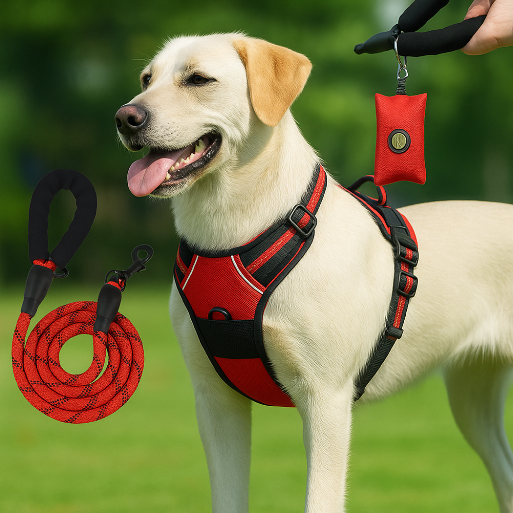 Harnais anti-évasion chien + laisse et distributeur – réglable et réfléchissant