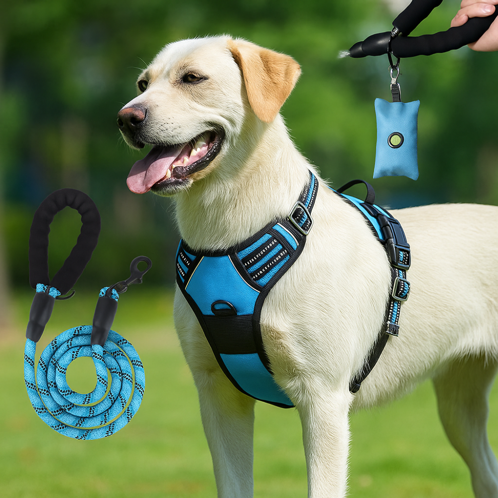Harnais anti-évasion chien + laisse et distributeur – réglable et réfléchissant