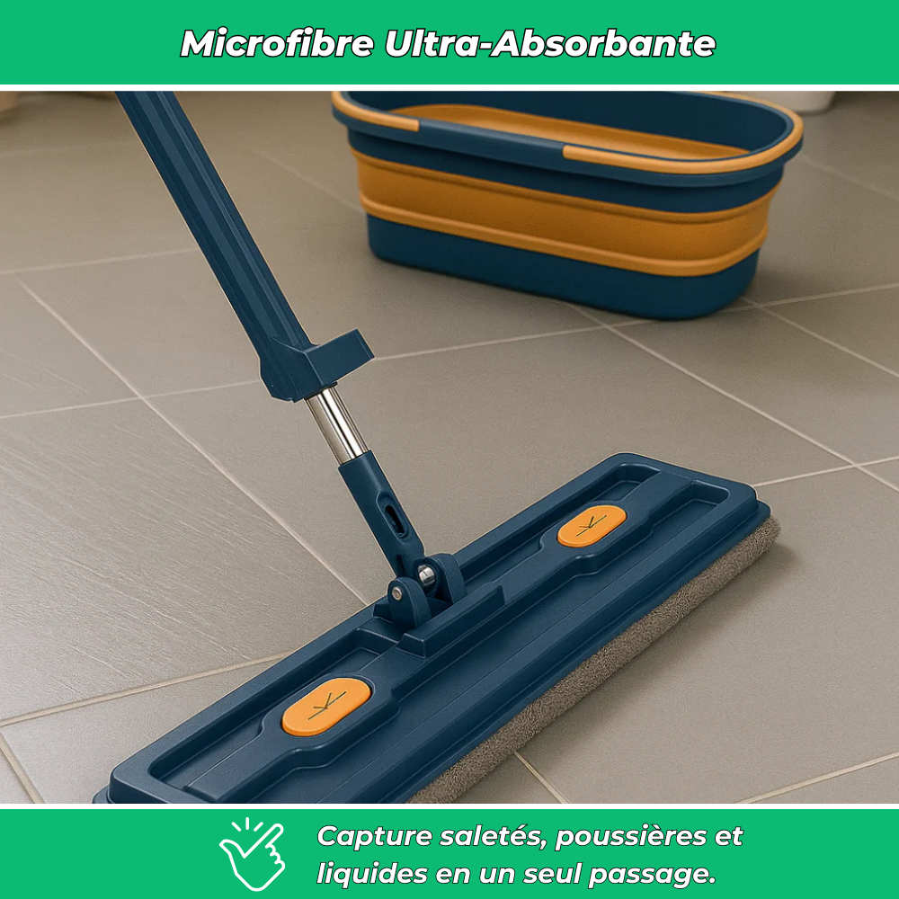 Balai Serpillière Microfibre Rotatif 360° Avec Seau Double Bac - 3 Tampons Réutilisables - Nettoyage Mains Libres