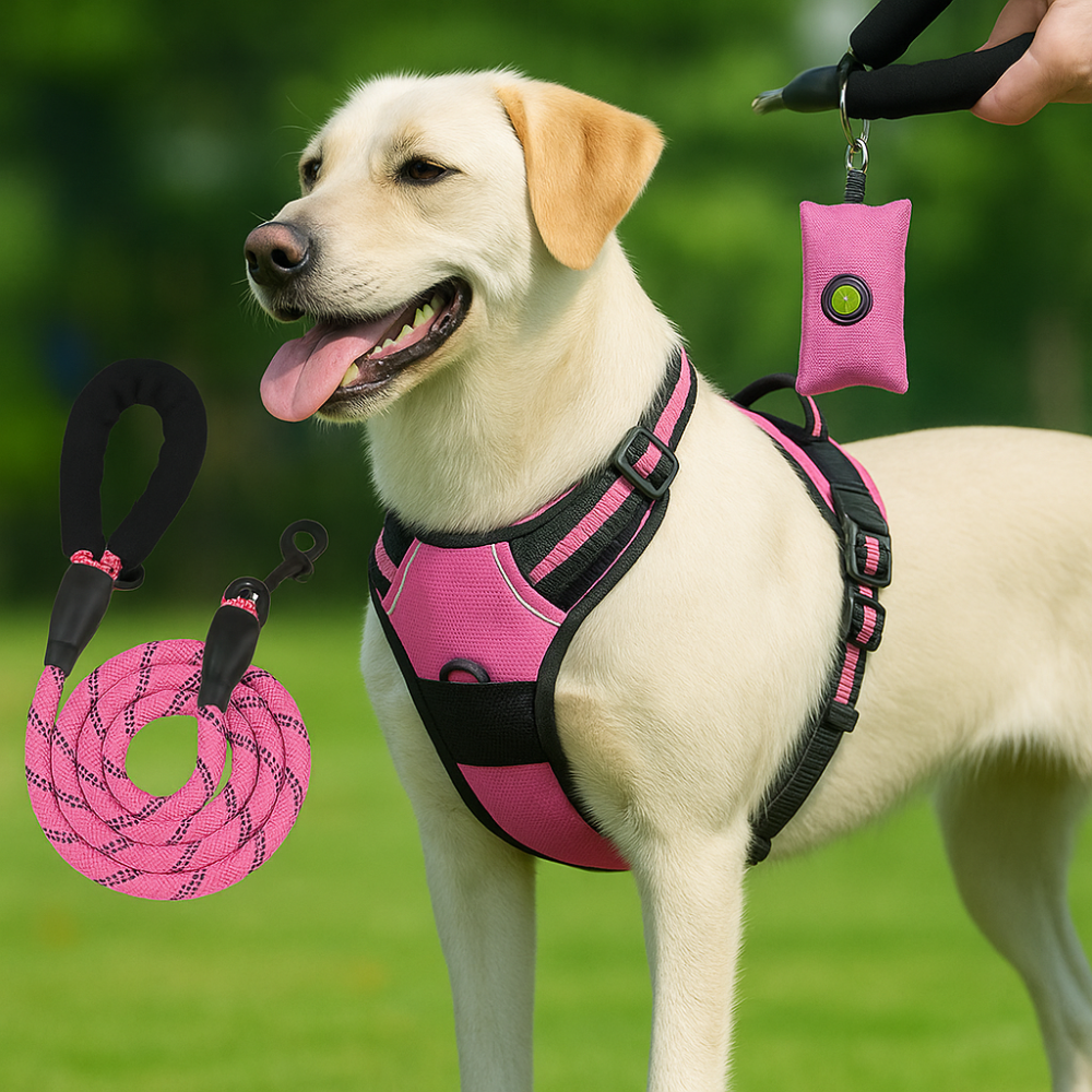 Harnais anti-évasion chien + laisse et distributeur – réglable et réfléchissant