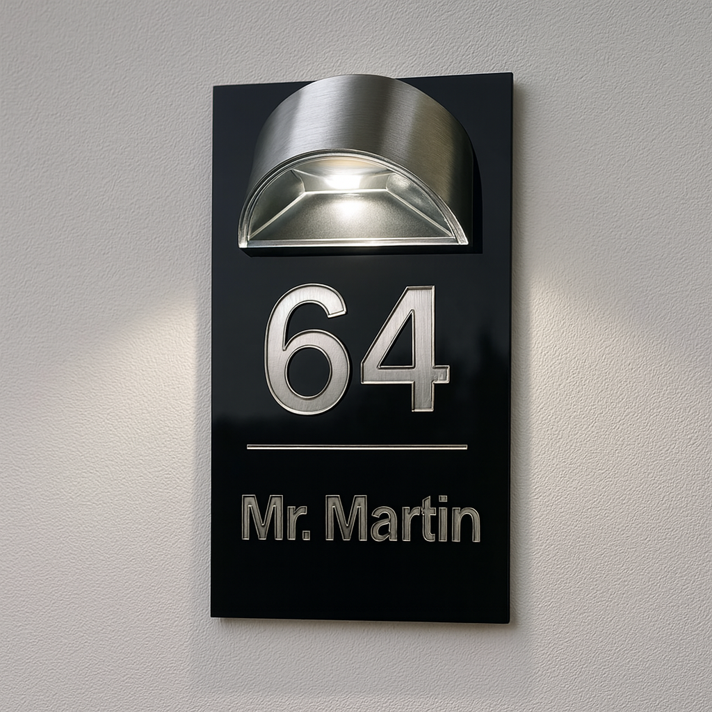 Plaque d’entrée solaire personnalisable noire avec écriture argentée – Lumineuse et résistante extérieur