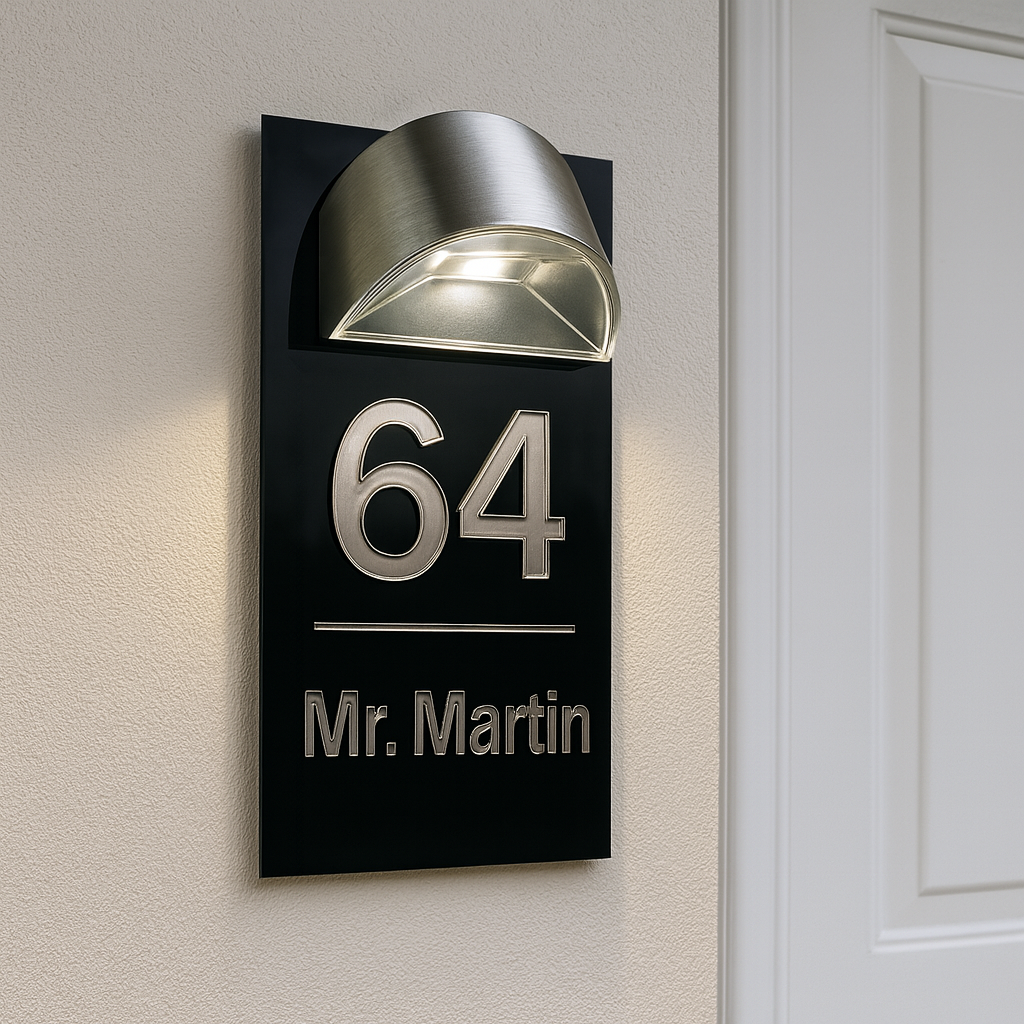 Plaque d’entrée solaire personnalisable noire avec écriture argentée – Lumineuse et résistante extérieur