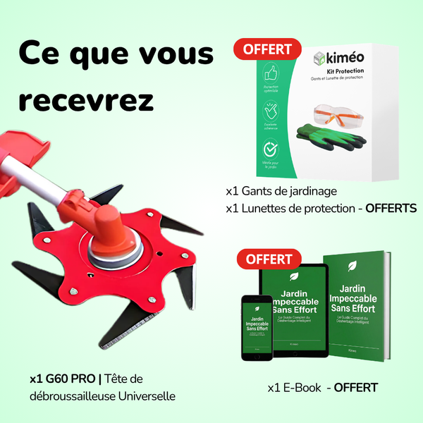 Contenu du colis G60 PRO : la tête de coupe et ses accessoires de montage