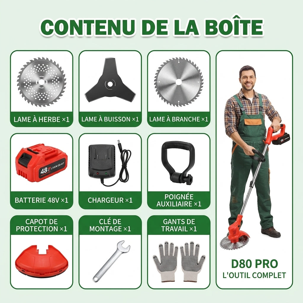 D80 PRO Débroussailleuse Sans Fil Haute Puissance – Coupe d'Herbe, Buissons et Branches Épaisses